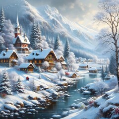 An idyllic snowy village complete with a charming church, cozy houses, and tall trees.