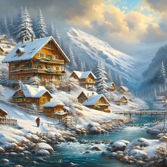 Snowy mountain village with a river and a bridge.