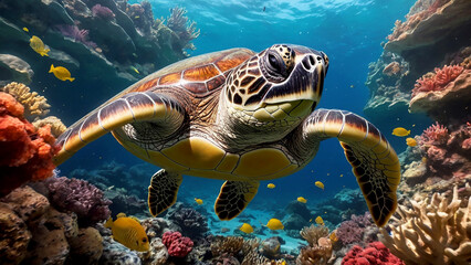 Obraz premium Sea Turtle Resting Among Colorful Coral Formations Imagine a cinematic underwater image of a sea turtle resting peacefully among colorful coral formations
