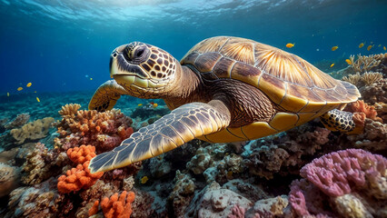 Obraz premium Sea Turtle Resting Among Colorful Coral Formations Imagine a cinematic underwater image of a sea turtle resting peacefully among colorful coral formations