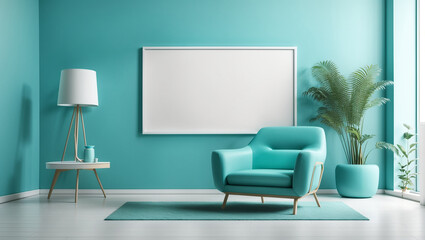 a white armchair with blank frame on a blue wall