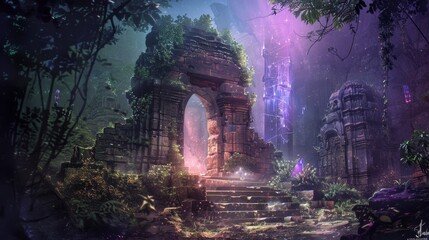 Explore an ancient gateway bathed in ethereal light, surrounded by mystic ruins, glowing crystals, and lush overgrowth