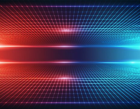 Cyan blue and red grids neon glow light grid backdrop design with creativity, virtual reality concept, hi-tech abstract backgroud