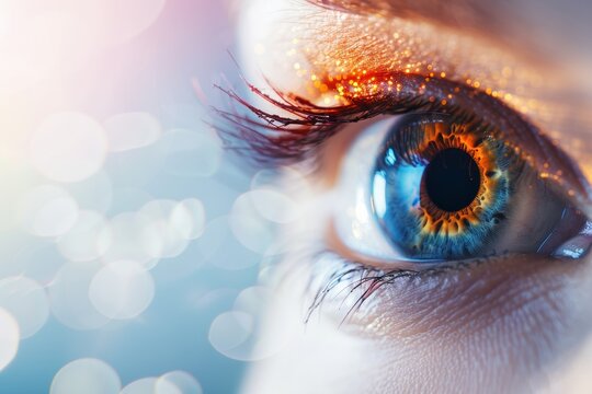Bright and simple depiction of pigment granules in eye cells, with highlighted granules in a minimalistic and colorful style. Space for text on the right side.