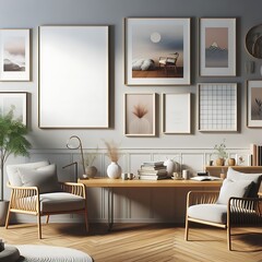 A office room with a mockup poster empty white and with a desk and chairs and a table with a picture on the wall realistic image harmony has illustrative meaning.