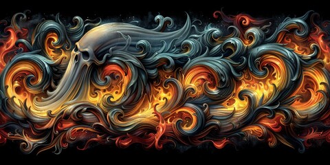 Surreal Fiery Skull Surrounded by Intricate Swirling Flames and Smoke, Vibrant Digital Artwork with Intense Colors and High Detail