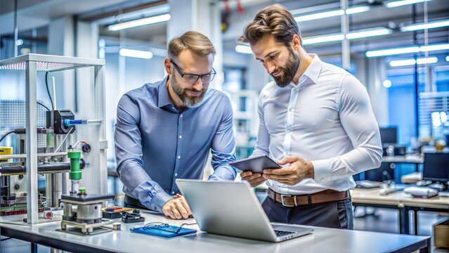 Innovative Product Development Meeting: Two entrepreneurs evaluating a prototype in a high-tech lab, discussing funding strategies for product development.
