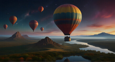 a colorful hot air balloon flying over a river