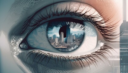 Naklejka premium City in Her Gaze: Modern Urban Landscape Reflected in a Woman's Eye