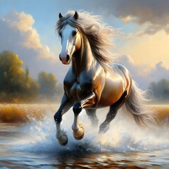 A brown horse with a black mane is running in the ocean.