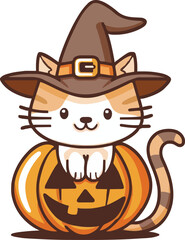 pumpkin cat. Collection kiiten with pumkin. Fuuny pets. Happy halloween. Scary print for design. Vector illustration on white background.
