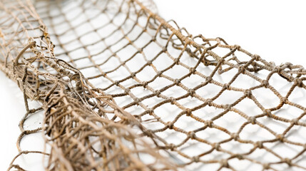 Meshed Memories: Close-Up of Fishing Net on White. Generative AI