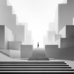 Woman ascending modern architectural stairs with monochrome filter. Young people standing at staircases and prepare for walking to office or workplace. Minimalist and conceptual design. AIG35.