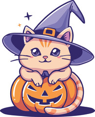 pumpkin cat. Collection kiiten with pumkin. Fuuny pets. Happy halloween. Scary print for design. Vector illustration on white background.