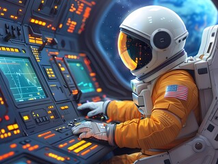 Astronaut Navigating Futuristic Spacecraft Control Panel in Mission