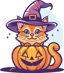 pumpkin cat. Collection kiiten with pumkin. Fuuny pets. Happy halloween. Scary print for design. Vector illustration on white background.
