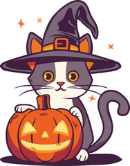 pumpkin cat. Collection kiiten with pumkin. Fuuny pets. Happy halloween. Scary print for design. Vector illustration on white background.