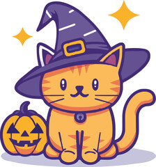 pumpkin cat. Collection kiiten with pumkin. Fuuny pets. Happy halloween. Scary print for design. Vector illustration on white background.