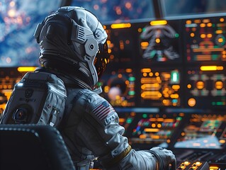 Futuristic Astronaut in Rocket Control Room Overlooking Illuminated City Skyline