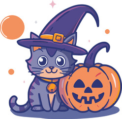 pumpkin cat. Collection kiiten with pumkin. Fuuny pets. Happy halloween. Scary print for design. Vector illustration on white background.