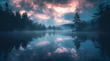Foggy pond with cloud reflections, surrounded by silhouetted trees, creating a mysterious and atmospheric countryside evening