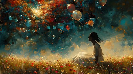 a girl sitting amidst a field of wildflowers, a cluster of colorful balloons hovering above her in a playful dance