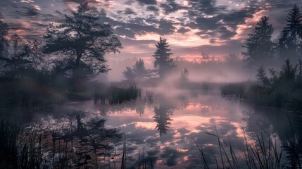 A tranquil yet eerie pond at twilight, surrounded by fog and silhouetted trees, with clouds casting shadows in the countryside