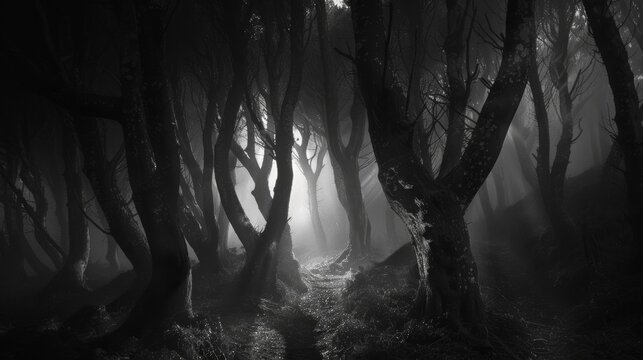 Dark, menacing trees in a spooky forest, haunted by the presence of a mysterious pagan spirit, eerie light filtering through