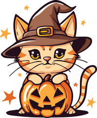 pumpkin cat. Collection kiiten with pumkin. Fuuny pets. Happy halloween. Scary print for design. Vector illustration on white background.