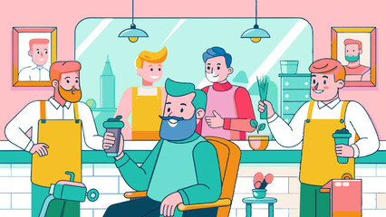Cheerful Barbershop Scene with Stylish Haircuts and Retro Decor