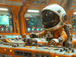 Futuristic Spaceman Controls Spacecraft Systems in Rocket Command Room