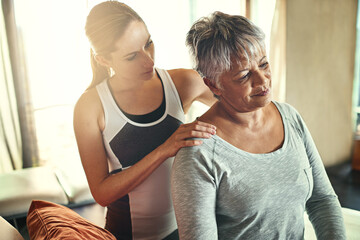 Health, physiotherapy and senior woman with shoulder massage for muscle relief and injury recovery...