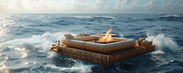 Capture the tranquil setting of ribs grilling on a floating platform, waves gently lapping nearby