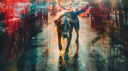 Abandoned dog walking in city street alone
