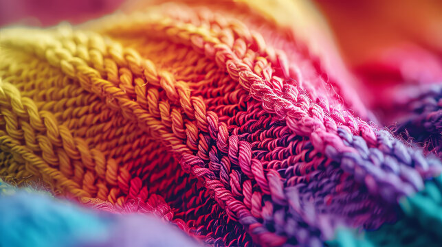 Details of an homemade knit sweater with colorful rainbow colors