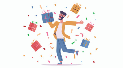 Cheerful cartoon guy carrying gift box with ribbon