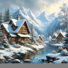 Village in the mountains covered in snow, featuring a charming river and a rustic bridge.
