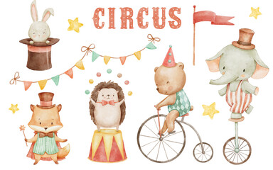 Circus animals, watercolor cute illustrations set for nursery and kids. Woodland baby animals - elephant, bear and bunny in magic hat © Elena