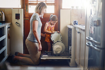 Dishwasher, mother and girl cleaning in home for hygiene, housework or learning in family kitchen....