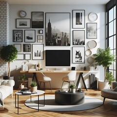 A Room with a mockup poster and with a tv and a table realistic attractive design card lively.