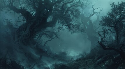 Scary black trees in a shadowy forest, with an ethereal pagan spirit emerging from the dense, swirling fog
