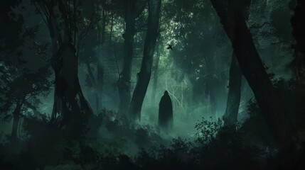 Shadowy ghost figure drifting through a forest, trees silhouetted against the inky blackness of night, intensifying the spookiness