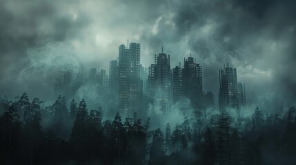 Futuristic metropolis under a veil of fog, surrounded by a dark forest, with menacing clouds casting shadows over the city