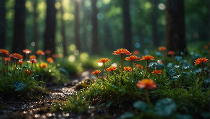 This is a photo of a forest with bright orange flowers in the foreground and green moss on the ground. There are tall green trees in the background with the sun shining through them.

