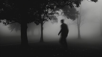Ghostly figure in motion, barely visible, with trees silhouetted on a dark, foggy night, creating a haunting scene