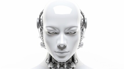 Smart android head close up with humanoid features. Futuristic robot face concept with white sleek design. AI and robotics concept for design and technology. Artificial intelligence concept. AIG35.