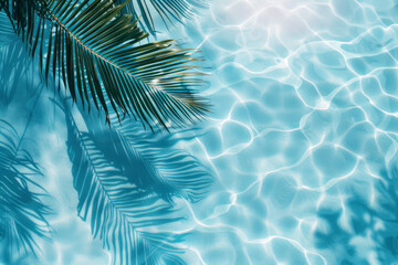 A palm tree is reflected in the water, creating a beautiful and serene scene. The water is calm and clear, and the palm tree's leaves cast a shadow on the water's surface