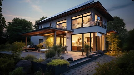 Modern house with solar panels on the roof, representing sustainable energy and ecofriendly. Generative AI