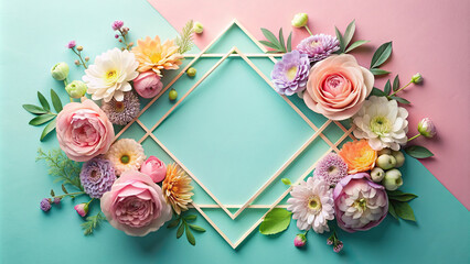 A stylish flat lay featuring pastel-colored flowers arranged within a geometric frame, offering a modern and trendy backdrop for social media posts or advertisements.