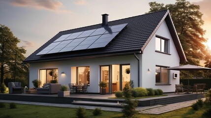 Modern house with solar panels on the roof, representing sustainable energy and ecofriendly. Generative AI